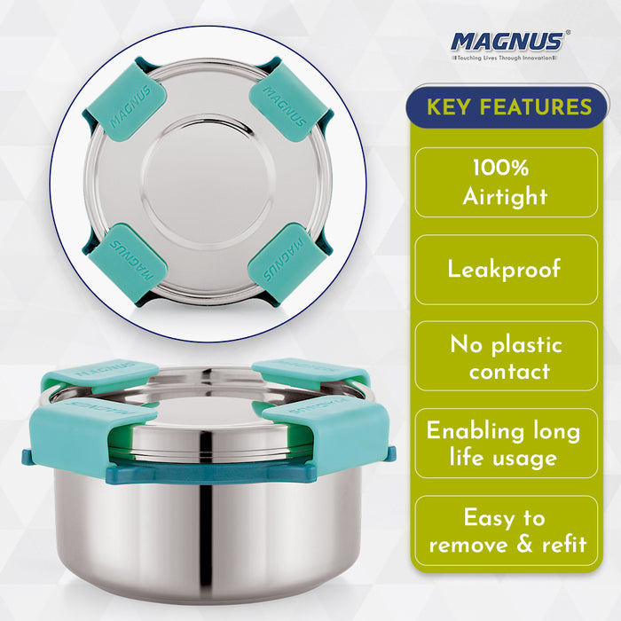 Magnus Stainless Steel Airtight Leakproof Storage Container with Rev Lock Lid - 300ML Kitchen Accessories Items, Ideal Lunch Box for Kids & Adults, Perfect Lunch Boxes for Office Men