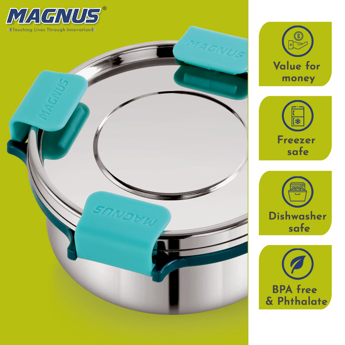 Magnus Stainless Steel Airtight Leakproof Storage Container with Rev Lock Lid - 300ML Kitchen Accessories Items, Ideal Lunch Box for Kids & Adults, Perfect Lunch Boxes for Office Men