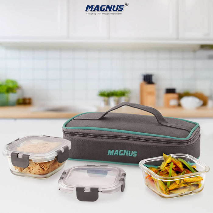 Magnus Glock Solid Glass Lunch Box with Flat Pouch and Fixed Clip, Includes 2 Square Airtight, Leakproof, Microwave Safe Borosilicate Glass Containers, 320 ML Each