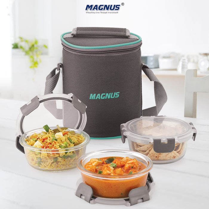 Magnus Glock Solid Glass Lunch Box with Vertical Pouch and Fixed Clip, Includes 3 Round Airtight, Leakproof, Microwave Safe Borosilicate Glass Containers, 400 ML Each