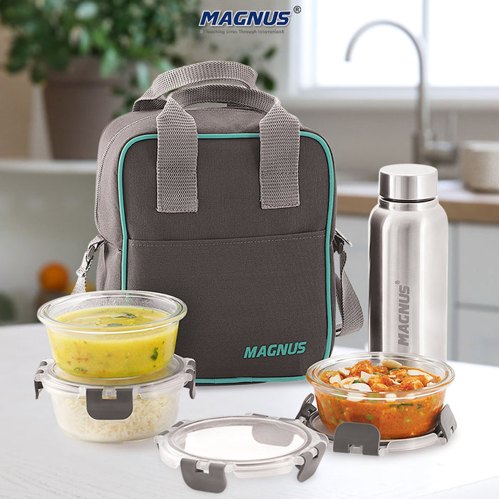 Magnus Glock Solid Glass Lunch Box with Vertical Pouch and Fixed Clip, 1 S S Bottle and 3 Round Airtight, Leakproof, Microwave Safe Borosilicate Glass Containers, 400 ML Each