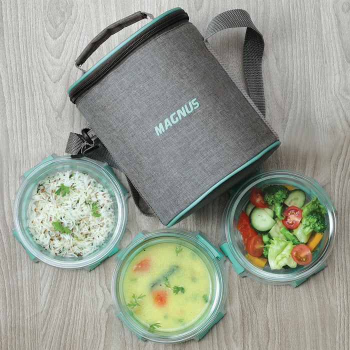 Magnus Glock Linen Glass Lunch Box with Vertical Pouch, 3 Round Borosilicate Glass Containers, 1200ML