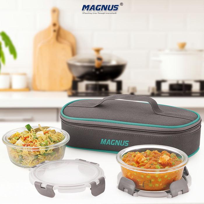 Magnus Glock Solid Glass Lunch Box with Flat Pouch and Fixed Clip, Includes 2 Round Airtight, Leakproof, Microwave Safe Borosilicate Glass Containers, 400 ML Each