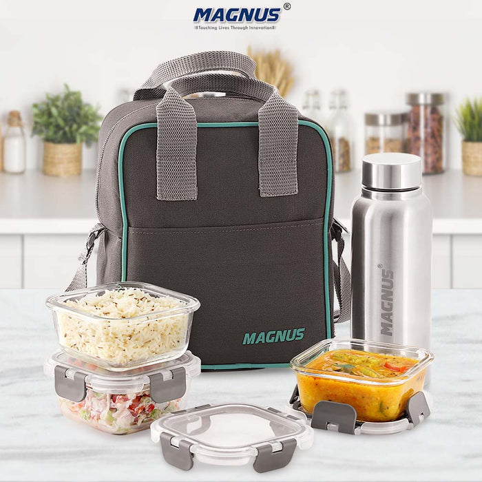 Magnus Glock Solid Glass Lunch Box with Vertical Pouch and Fixed Clip, 1 S S Bottle and 3 Square Airtight, Leakproof, Microwave Safe Borosilicate Glass Containers, 320 ML Each