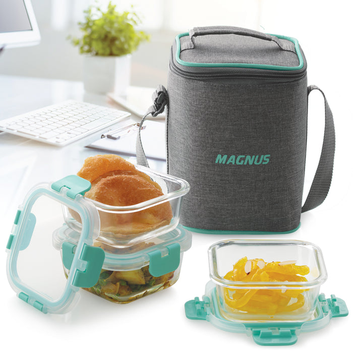 Magnus Glock Linen Glass Lunch Box with Vertical Pouch, 3 Square Borosilicate Glass Containers, 960 ML Each