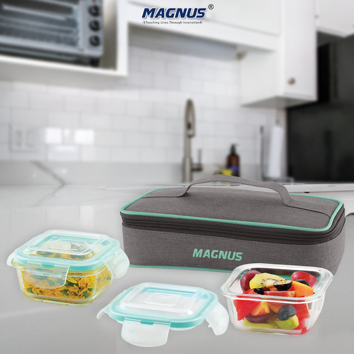 Magnus Vivid Glass Lunch Box with Linen Flat Pouch and Fixed Clip, Includes 2 Square Airtight, Leakproof, Microwave Safe Borosilicate Glass Containers, 320 ML Each - Premium Lunch Boxes