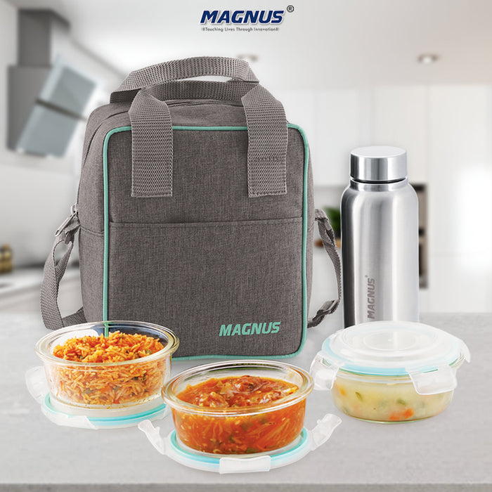 Magnus Vivid Glass Lunch Box with Linen Vertical Pouch and Fixed Clip, 1 SS Bottle (700 ml) & 3 Round Airtight,Leakproof,Microwave Safe Borosilicate Glass Containers, 400 ML Each - Premium Lunch Boxes