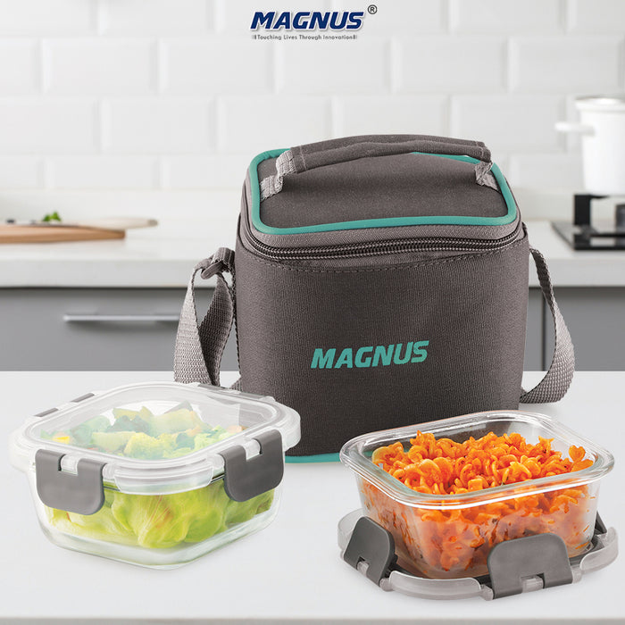 Magnus Glock Solid Glass Lunch Box with Vertical Pouch and Fixed Clip, Includes 2 Square Airtight, Leakproof, Microwave Safe Borosilicate Glass Containers, 320 ML Each