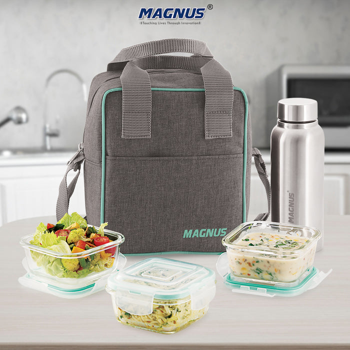 Magnus Vivid Glass Lunch Box with Linen Vertical Pouch and Fixed Clip, 1 SS Bottle (700 ml) & 3 Square Airtight,Leakproof,Microwave Safe Borosilicate Glass Containers,320 ML Each - Premium Lunch Boxes