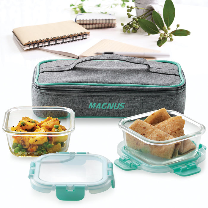 Magnus Glock Linen Glass Lunch Box with Flat Pouch, 2 Square Borosilicate Glass Containers, 640 ML Each