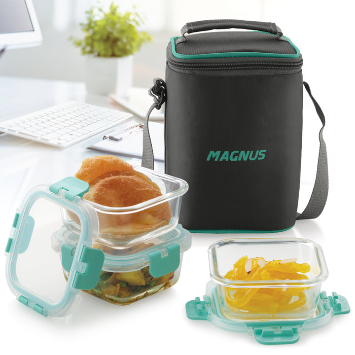 Magnus Glock Solid Glass Lunch Box with Vertical Pouch, 3 Square Borosilicate Glass Containers, 960 ML Each