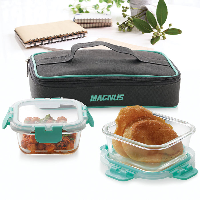 Magnus Glock Solid Glass Lunch Box with Flat Pouch, 2 Square Borosilicate Glass Containers, 640 ML Each