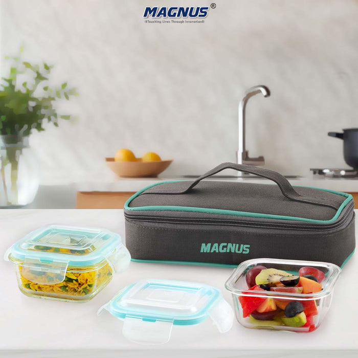 Magnus Vivid Glass Lunch Box with Flat Pouch and Fixed Clip, Includes 2 Square Airtight, Leakproof, Microwave Safe Borosilicate Glass Containers, 320 ML Each