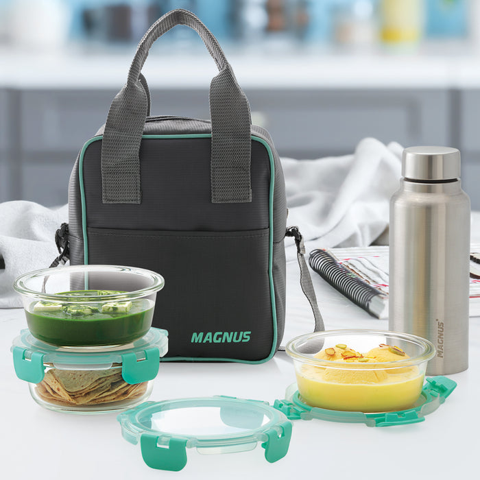 Magnus Glock Solid Glass Lunch Box with Flat Pouch, 3 Round Borosilicate Glass Containers + 1 SS Bottle, 1900ML