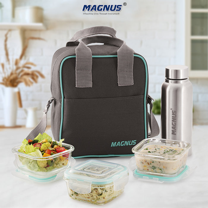 Magnus Vivid Glass Lunch Box with Vertical Pouch and Fixed Clip, Includes 2 Square Airtight, Leakproof, Microwave Safe Borosilicate Glass Containers, 320 ML Each