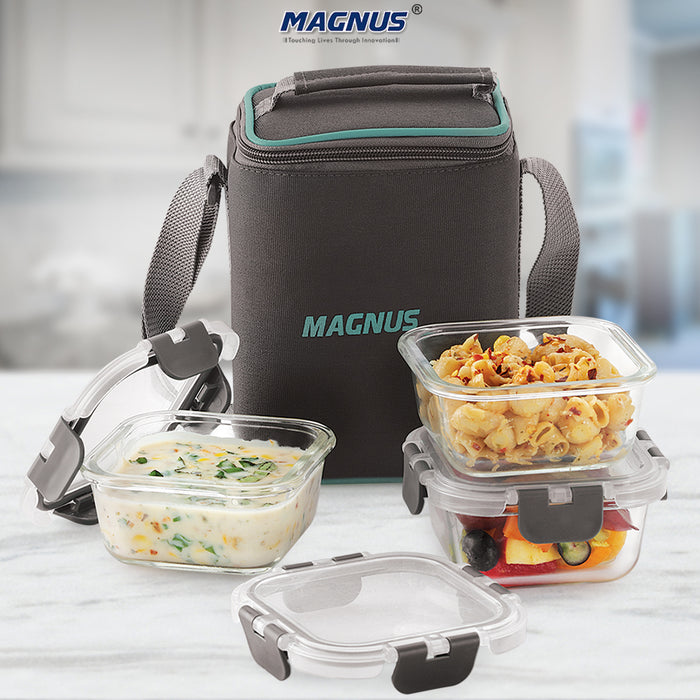 Magnus Glock Solid Glass Lunch Box with Vertical Pouch and Fixed Clip, Includes 3 Square Airtight, Leakproof, Microwave Safe Borosilicate Glass Containers, 320 ML Each