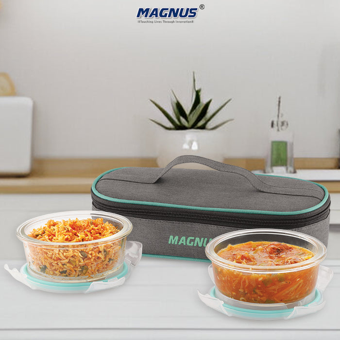 Magnus Vivid Glass Lunch Box with Linen Flat Pouch and Fixed Clip, Includes 2 Round Airtight, Leakproof, Microwave Safe Borosilicate Glass Containers, 400 ML Each - Premium Lunch Boxes