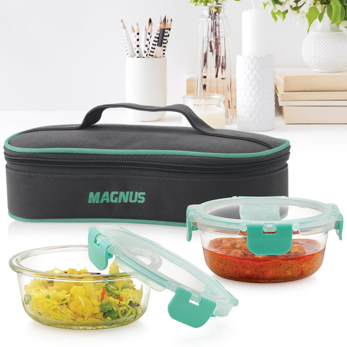 Magnus Glock Solid Glass Lunch Box with Flat Pouch, 2 Round Borosilicate Glass Containers, 800ML