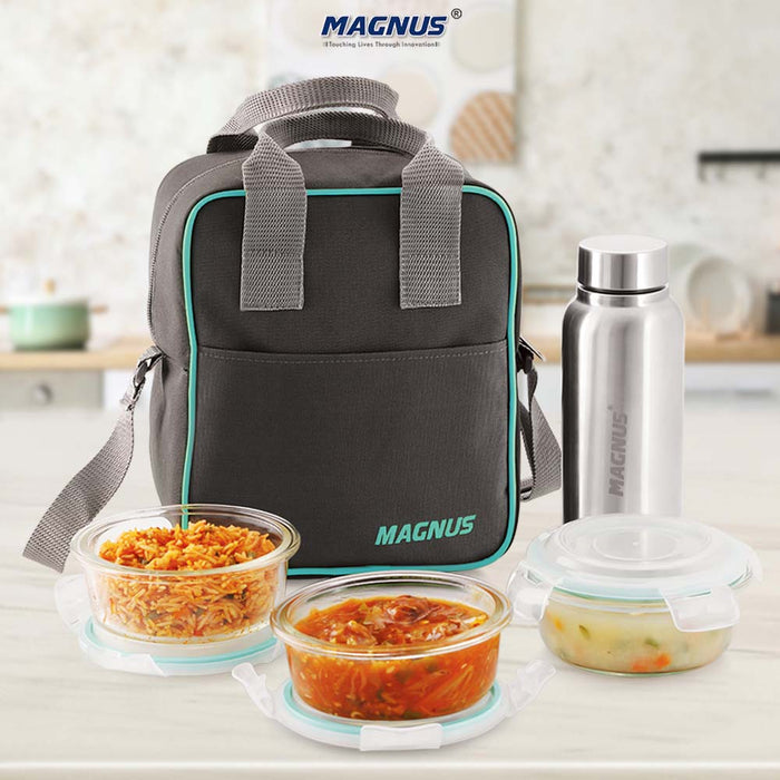 Magnus Vivid Glass Lunch Box with Vertical Pouch and Fixed Clip, 1 S S Bottle ( 700ml ) and 3 Round Airtight, Leakproof, Microwave Safe Borosilicate Glass Containers, 400 ML Each