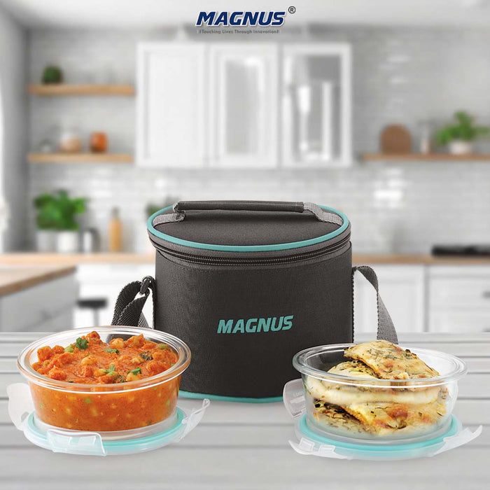 Magnus Vivid Glass Lunch Box with Vertical Pouch and fixed Clip, Includes 2 Round Airtight, Leakproof, Microwave Safe Borosilicate Glass Containers, 400 ML Each