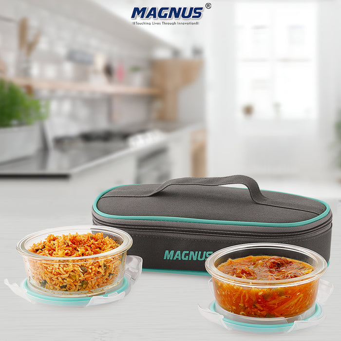 Magnus Vivid Glass Lunch Box with Flat Pouch and Fixed Clip, Includes 2 Round Airtight, Leakproof, Microwave Safe Borosilicate Glass Containers, 400 ML Each