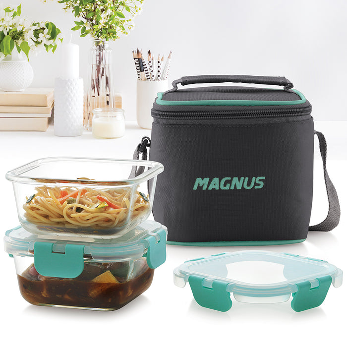 Magnus Glock Solid Glass Lunch Box with Vertical Pouch, 2 Square Borosilicate Glass Containers, 640 ML Each