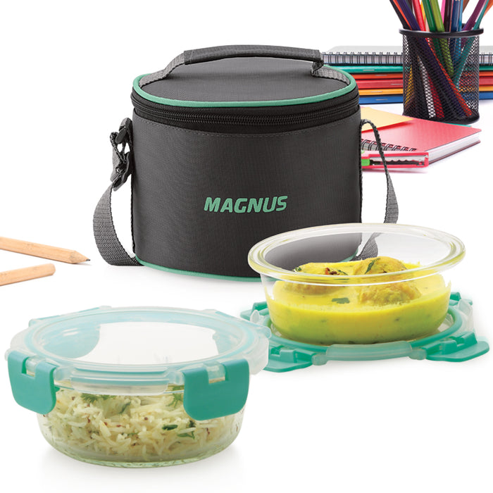 Magnus Glock Solid Glass Lunch Box with Vertical Pouch, 2 Round Borosilicate Glass Containers, 800ML