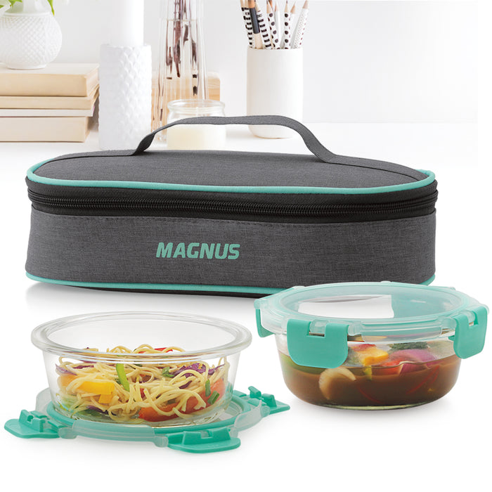 Magnus Glock Linen Glass Lunch Box with Flat Pouch, 2 Round Borosilicate Glass Containers, 800ML