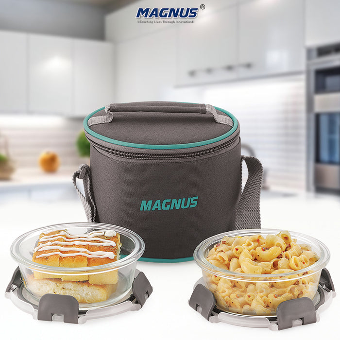 Magnus Glock Solid Glass Lunch Box with Vertical Pouch and fixed Clip, Includes 2 Round Airtight, Leakproof, Microwave Safe Borosilicate Glass Containers, 400 ML Each