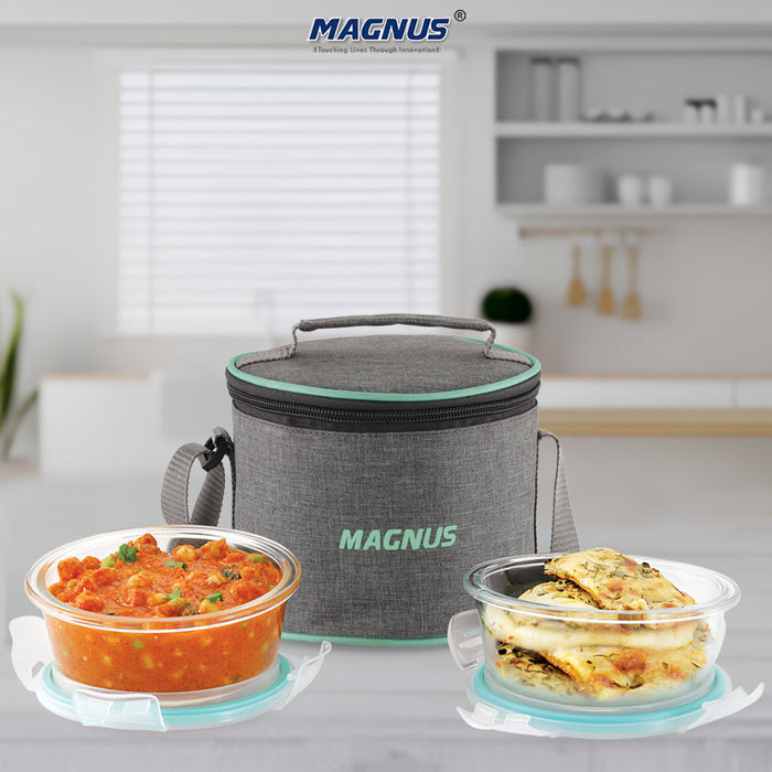 Magnus Vivid Glass Lunch Box with Linen Vertical Pouch and Fixed Clip, Includes 2 Round Airtight, Leakproof, Microwave Safe Borosilicate Glass Containers, 400 ML Each - Premium Lunch Boxes