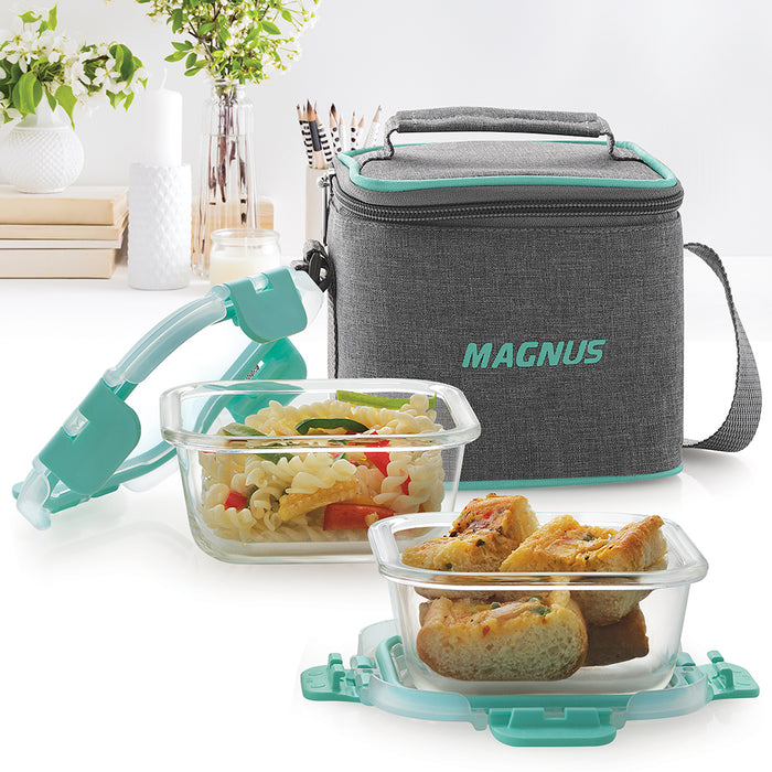 Magnus Glock Linen Glass Lunch Box with Vertical Pouch, 2 Square Borosilicate Glass Containers, 640 ML Each