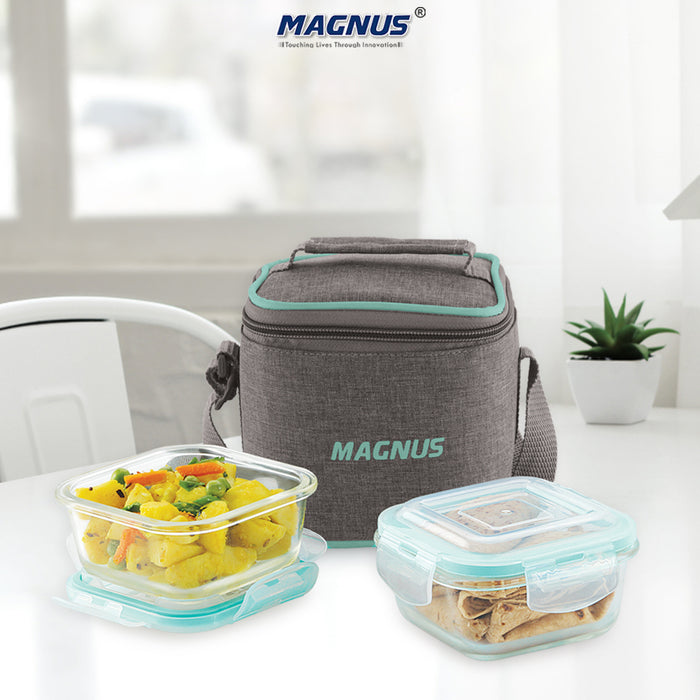 Magnus Vivid Glass Lunch Box with Linen Vertical Pouch and Fixed Clip, Includes 2 Square Airtight, Leakproof, Microwave Safe Borosilicate Glass Containers, 320 ML Each - Premium Lunch Boxes