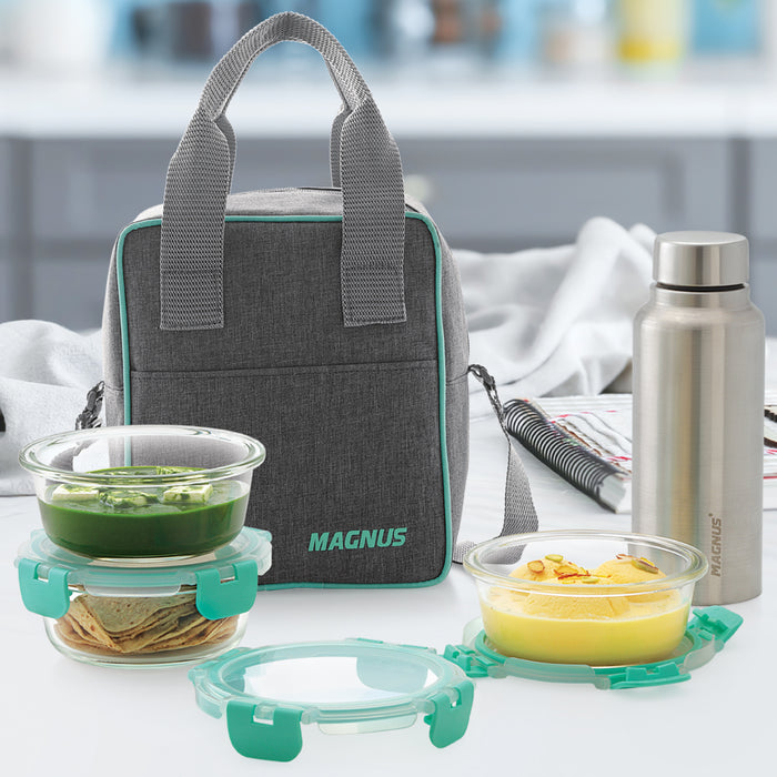 Magnus Glock Linen Glass Lunch Box with Flat Pouch, 3 Round Borosilicate Glass Containers + 1 SS Bottle, 1900ML