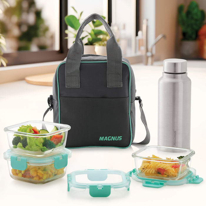 Magnus Glock Solid Glass Lunch Box with Vertical Pouch, 3 Square Borosilicate Glass Containers + 1 SS Bottle , 1660 ML Each