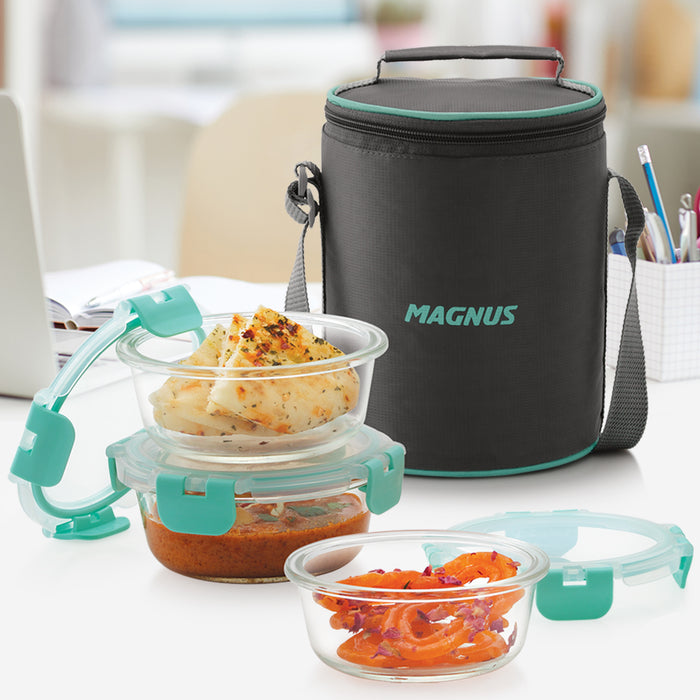 Magnus Glock Solid Glass Lunch Box with Vertical Pouch, 3 Round Borosilicate Glass Containers, 1200ML