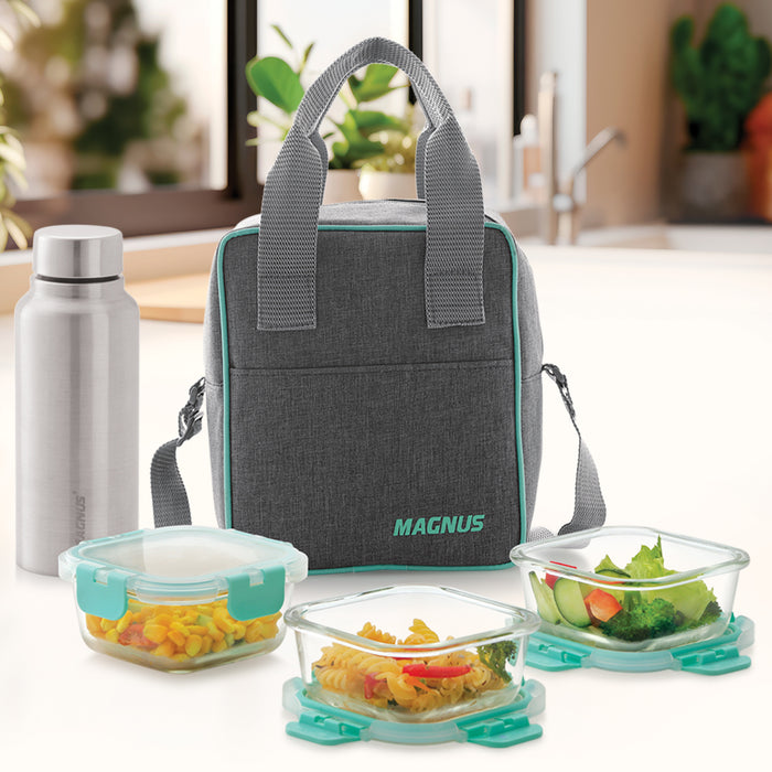 Magnus Glock Linen Glass Lunch Box with Vertical Pouch, 3 Square Borosilicate Glass Containers + 1 SS Bottle , 1660 ML Each