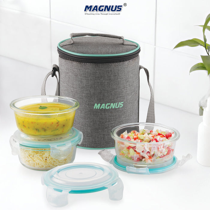 Magnus Vivid Glass Lunch Box with Linen Vertical Pouch and Fixed Clip, Includes 3 Round Airtight, Leakproof, Microwave Safe Borosilicate Glass Containers, 400 ML Each - Premium Lunch Boxes