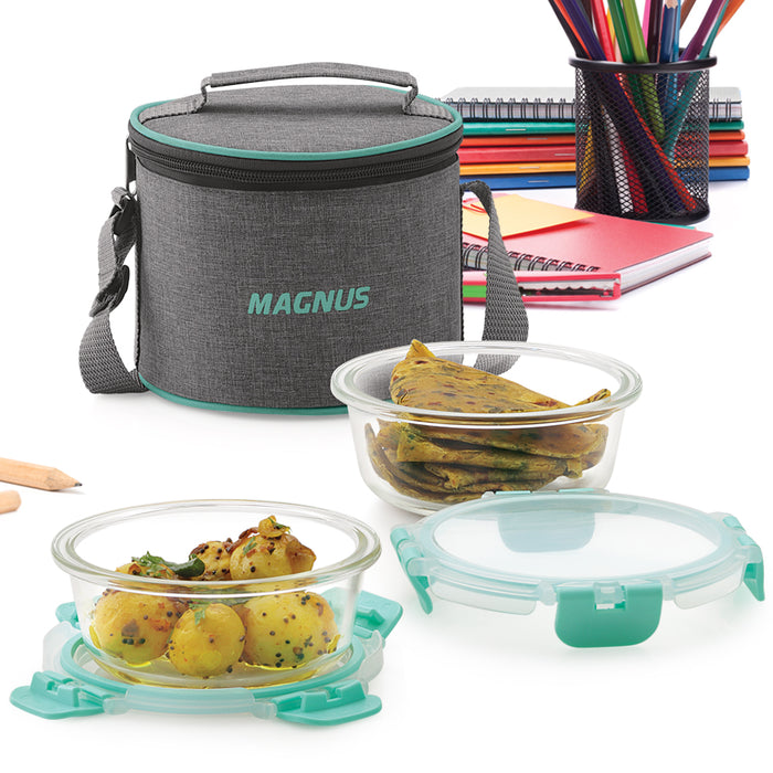 Magnus Glock Linen Glass Lunch Box with Vertical Pouch, 2 Round Borosilicate Glass Containers, 800ML