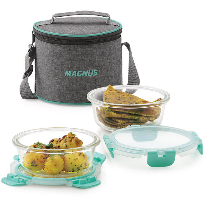 Magnus Glock Linen Glass Lunch Box with Vertical Pouch, 2 Round Borosilicate Glass Containers, 800ML