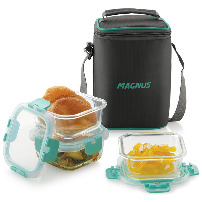 Magnus Glock Solid Glass Lunch Box with Vertical Pouch, 3 Square Borosilicate Glass Containers, 960 ML Each