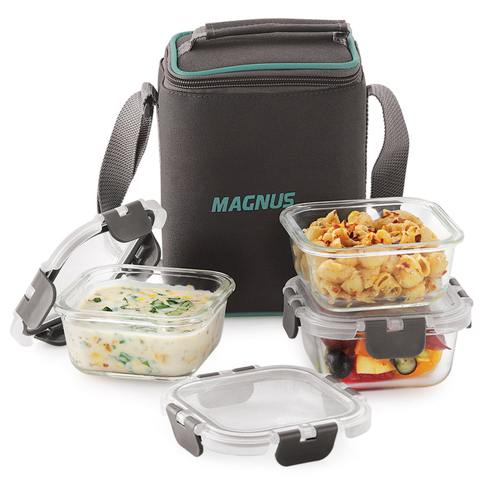 Magnus Glock Solid Glass Lunch Box with Vertical Pouch and Fixed Clip, Includes 3 Square Airtight, Leakproof, Microwave Safe Borosilicate Glass Containers, 320 ML Each