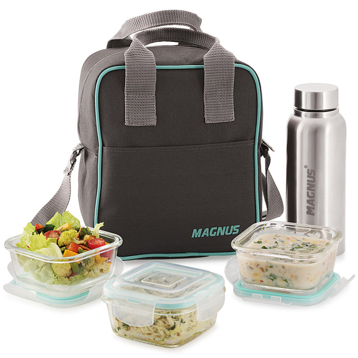 Magnus Vivid Glass Lunch Box with Vertical Pouch and Fixed Clip, Includes 2 Square Airtight, Leakproof, Microwave Safe Borosilicate Glass Containers, 320 ML Each