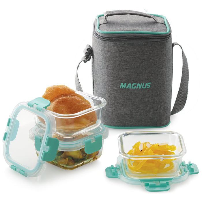 Magnus Glock Linen Glass Lunch Box with Vertical Pouch, 3 Square Borosilicate Glass Containers, 960 ML Each