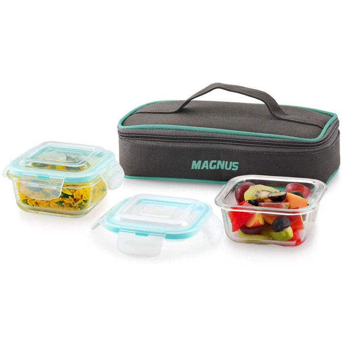 Magnus Vivid Glass Lunch Box with Flat Pouch and Fixed Clip, Includes 2 Square Airtight, Leakproof, Microwave Safe Borosilicate Glass Containers, 320 ML Each