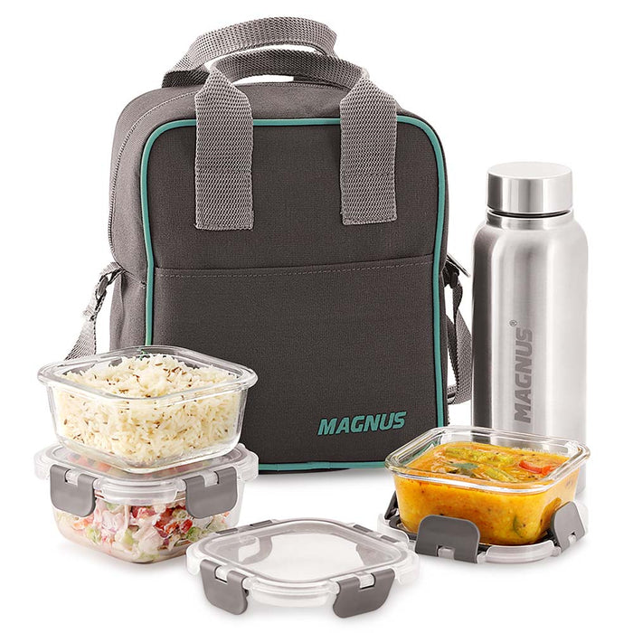 Magnus Glock Solid Glass Lunch Box with Vertical Pouch and Fixed Clip, 1 S S Bottle and 3 Square Airtight, Leakproof, Microwave Safe Borosilicate Glass Containers, 320 ML Each