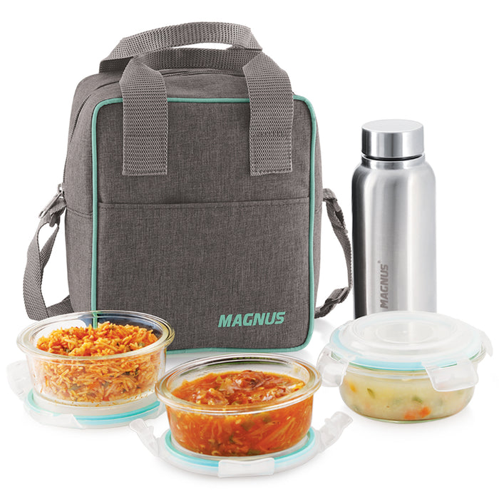 Magnus Vivid Glass Lunch Box with Linen Vertical Pouch and Fixed Clip, 1 SS Bottle (700 ml) & 3 Round Airtight,Leakproof,Microwave Safe Borosilicate Glass Containers, 400 ML Each - Premium Lunch Boxes