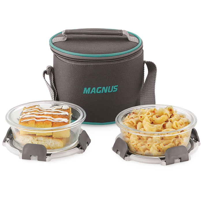 Magnus Glock Solid Glass Lunch Box with Vertical Pouch and fixed Clip, Includes 2 Round Airtight, Leakproof, Microwave Safe Borosilicate Glass Containers, 400 ML Each