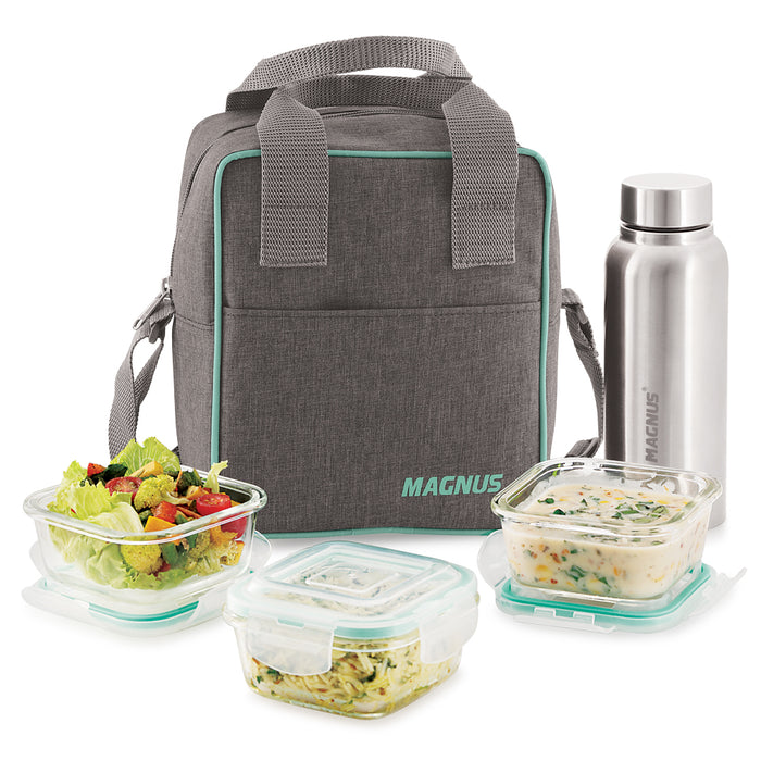 Magnus Vivid Glass Lunch Box with Linen Vertical Pouch and Fixed Clip, 1 SS Bottle (700 ml) & 3 Square Airtight,Leakproof,Microwave Safe Borosilicate Glass Containers,320 ML Each - Premium Lunch Boxes