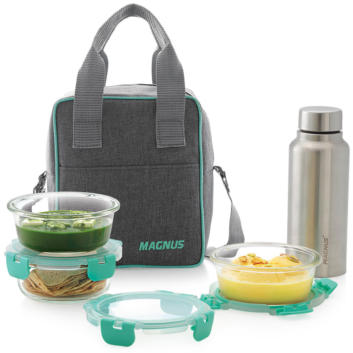 Magnus Glock Linen Glass Lunch Box with Flat Pouch, 3 Round Borosilicate Glass Containers + 1 SS Bottle, 1900ML