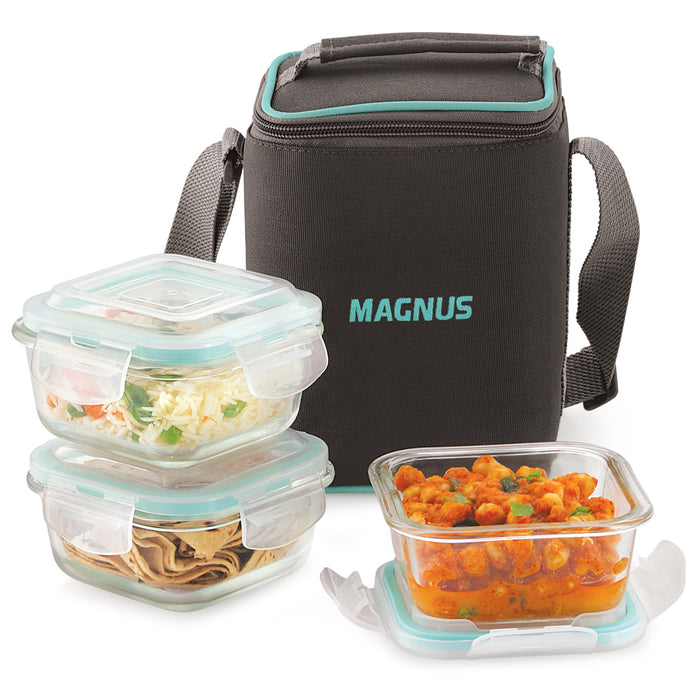 Magnus Vivid Solid Lunch Box with Vertical Pouch & Fixed Clip, 3 Square Glass Containers 320 ML